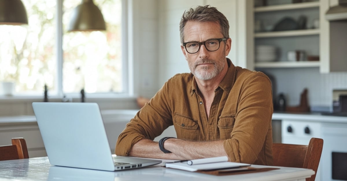  A photo of a 50-year-old retired male teacher, sitting at his kitchen table with a laptop and notebook, contemplating a new business venture. Light-skinned, wearing casual clothes and glasses, with a thoughtful expression.